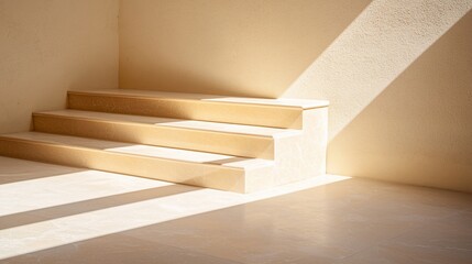 Minimalist staircase illuminated by sunlight in a serene and neutral toned room