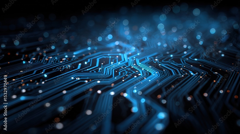 Poster abstract blue circuit lines spreading across dark canvas background