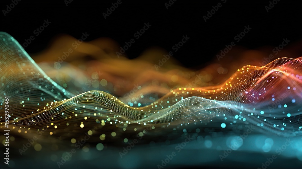 Poster abstract waves with moving dots and lines in colorful design