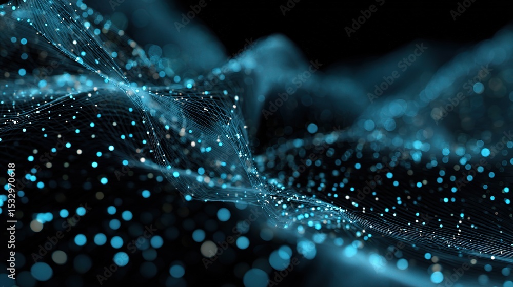 Poster Abstract 3D Mesh of Floating Blue Lines and Dots in Dynamic Space