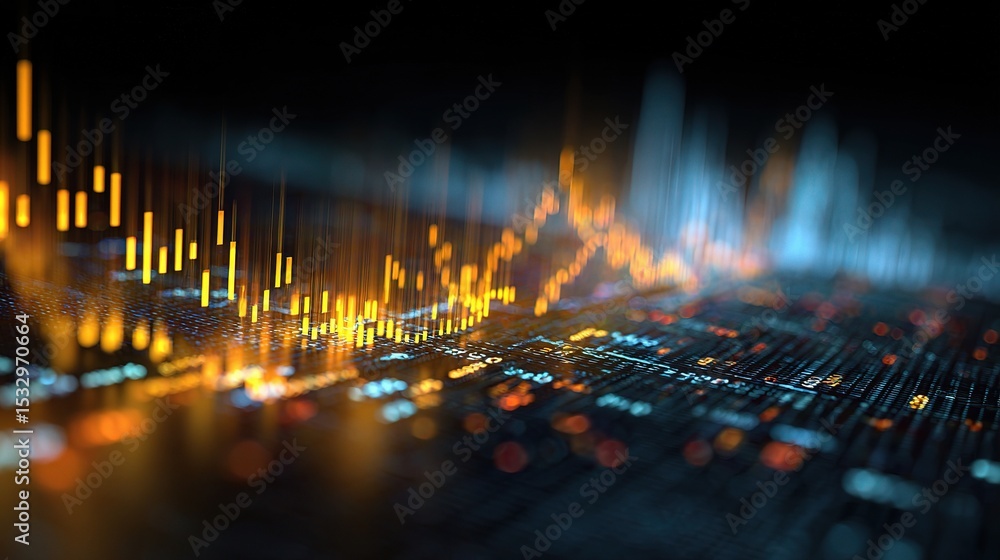 Poster glowing digital financial graph with luminescent line display