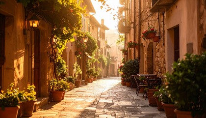Fototapeta premium Golden Hour in a Charming Italian Village Street.