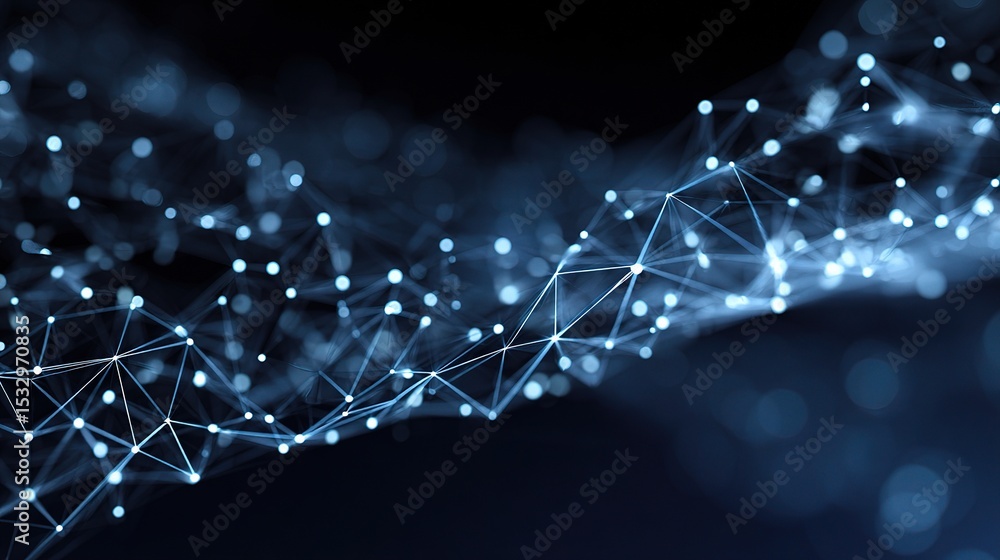 Poster glowing dots and polygonal lines connecting in a digital network