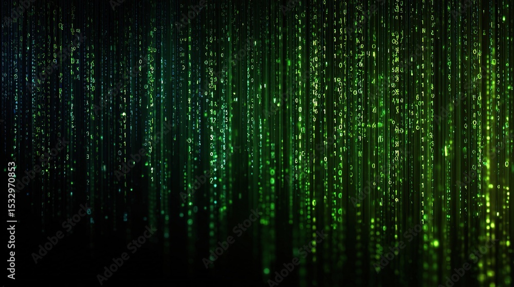 Poster dark tech background with matrix style numeric rain effect
