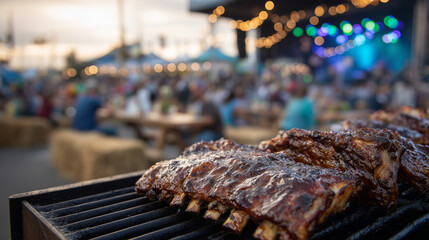 Slow-smoked ribs glazed with BBQ sauce sizzling on a large grill at a bustling food truck, festival guests seated on hay bales, a lively band playing on stage, sunset casting a gol