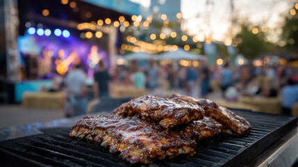 Slow-smoked ribs glazed with BBQ sauce sizzling on a large grill at a bustling food truck, festival guests seated on hay bales, a lively band playing on stage, sunset casting a gol