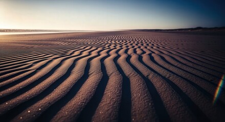 Naklejka premium Rippling Sand Dunes with Warm Light and Clear Blue Sky at Desert Landscape