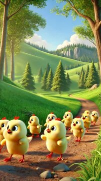 Cute White Bunny Explorer Leading a Cheerful Parade of Yellow Chicks on a Forest Trail Under Sunny Blue Skies