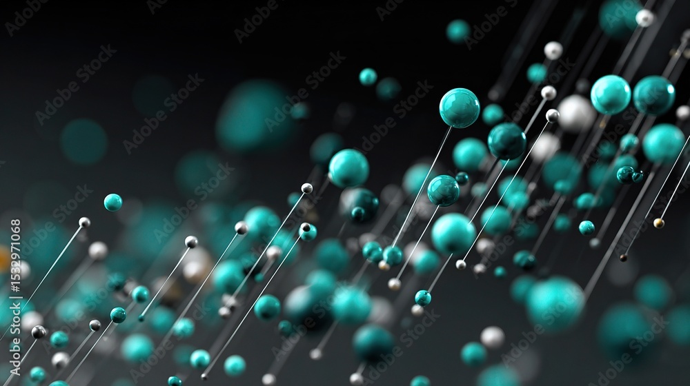 Poster teal nodes with floating elements in abstract business analysis graph