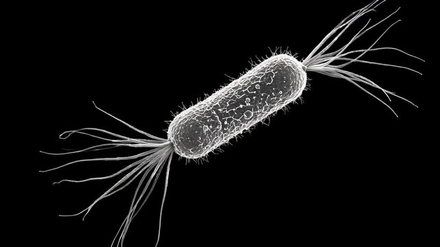 Bacterial cell under an electron microscope, rod-shaped with visible flagella, surrounded by a faint biofilm, monochrome with metallic shading