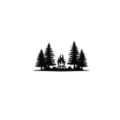 A campfire in the middle of a forest silhouette on white background
