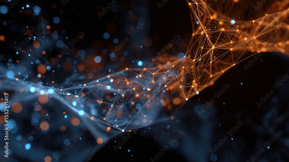 Poster abstract pulsating network of nodes in orange and blue colors
