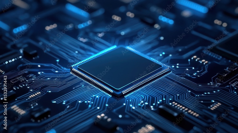 Poster close-up view of a microchip on a circuit board with neon lights
