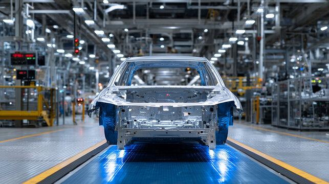 Raw aluminum and steel car frames awaiting further processing on a parallel assembly line system, illuminated by cold LED overhead factory lights