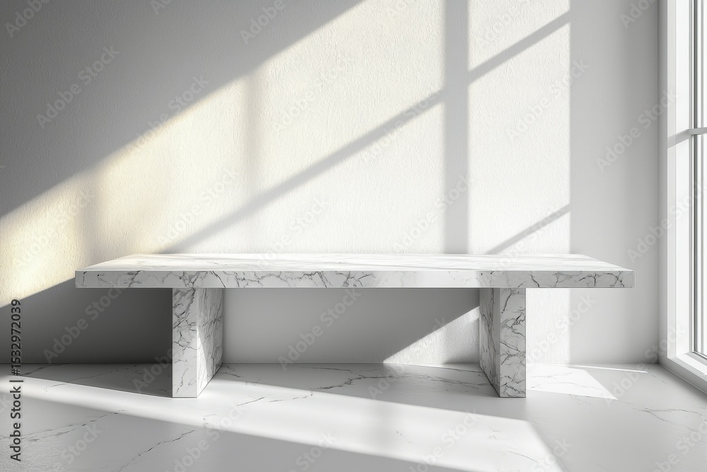 Poster a white marble table with a window in the background