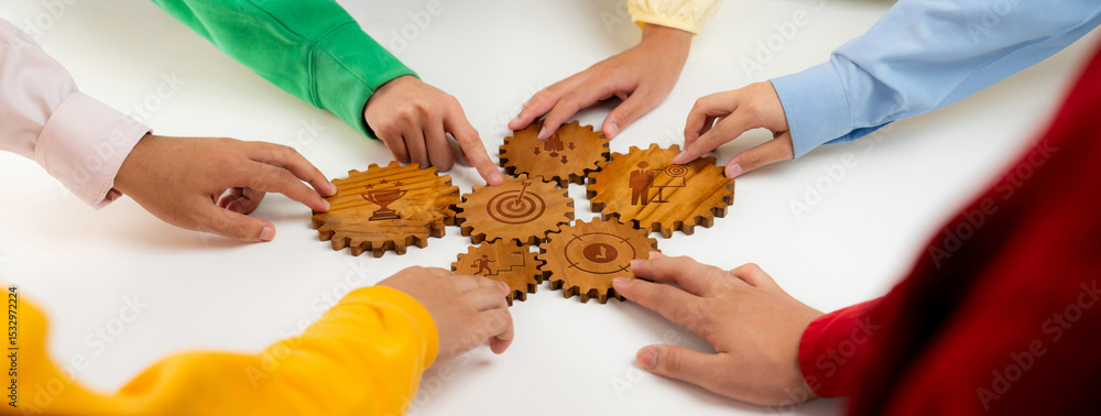 Poster collaborative teamwork with colored hands arranging decorative gears on table for strategic planning
