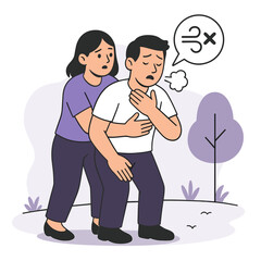 Flat-style emergency illustration of woman performing Heimlich maneuver to save choking man in outdoor setting