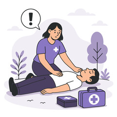 Flat-style CPR training illustration of woman performing chest compressions on unconscious man with first aid kit in background