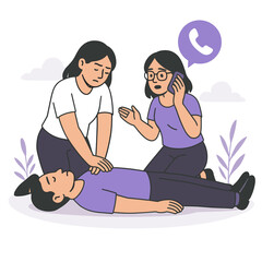Flat-style emergency teamwork illustration of two women giving CPR and making emergency call to save unconscious man