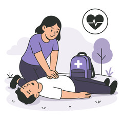 Flat-style CPR training illustration of woman performing chest compressions on unconscious man with first aid kit in background