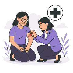 Flat-style medical assistance illustration showing woman applying bandage to injured friend's arm in friendly and caring environment