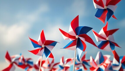 Patriotic Pinwheels with Red, White, and Blue Stripes Against a Clear Sky Background