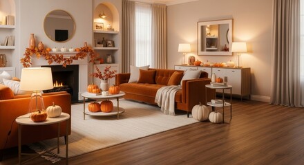Autumnal Living Room Decor - Cozy autumn living room with orange sofas, pumpkins, and fall decor. Warm lighting and hardwood floors