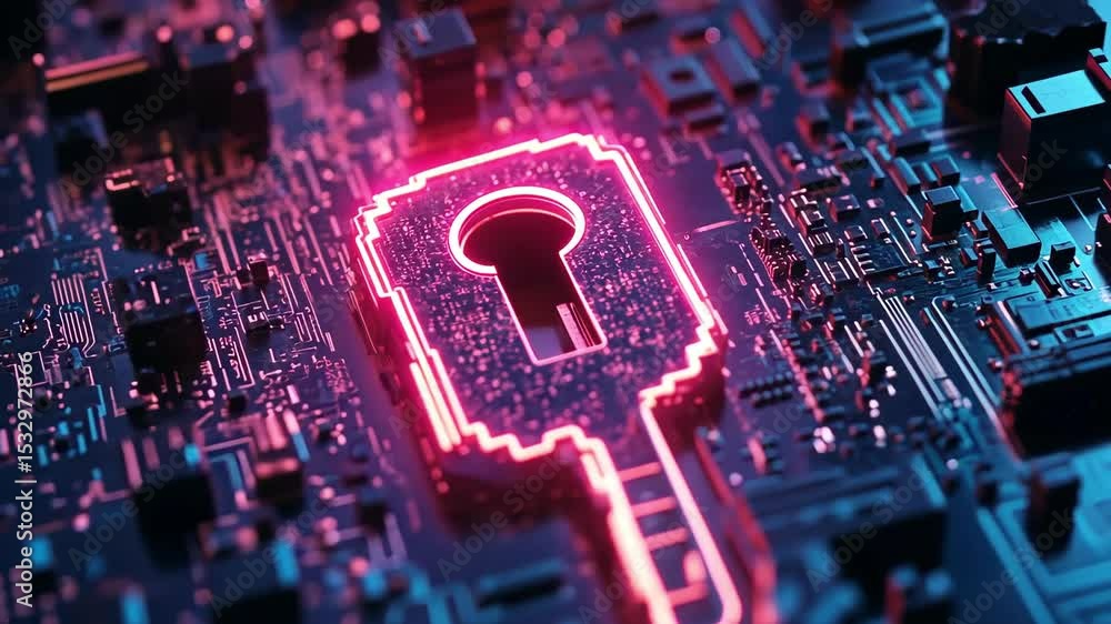 Aufkleber glowing key security technology on a blue circuit board background for data protection. cyber securi