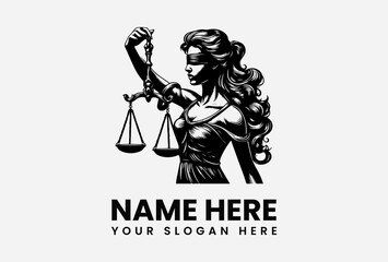 Dramatic Lady Justice silhouette logo with balanced scales and blindfold representing fairness and legal authority  