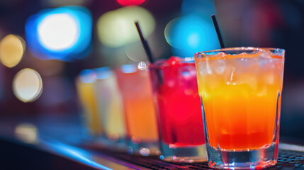 Colorful Cocktails on Bar Counter with Bokeh Lights – Vibrant Nightlife Scene for Party, Drink, and Hospitality Concepts