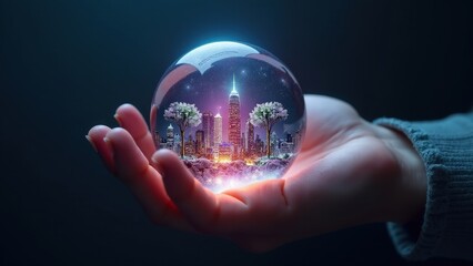 Hand holding a glowing crystal ball revealing vibrant city skylines and flourishing digital coin trees, future economy prediction concept, financial investment, profit.