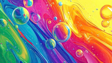 Abstract vibrant fluid art with multicolored liquid and bubbles