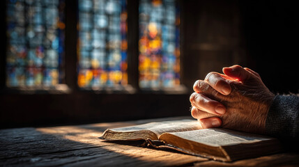 Close-up of hands folded in prayer over an open Bible Book on the floor