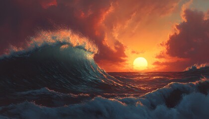 Dramatic ocean sunset with crashing waves.