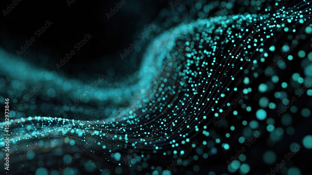 Poster glowing cyan points in a digital swirl of data and light patterns