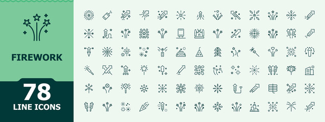 Firework simple icon set. Contains outline symbols like decor, light, holiday, anniversary, event and more. Celebrate icon set. Minimal icons pack. Editable vector art and illustration.