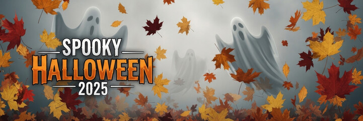 Spooky Halloween 2025 - Ghosts and falling autumn leaves create a spooky Halloween atmosphere. Perfect for October holiday promotions