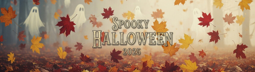 Spooky Halloween Autumn Leaves 2025 - Autumn leaves, spooky ghosts, Halloween 2025, mystical forest, fall season. Symbolizing: mystery, autumn, Halloween, spirits, nature