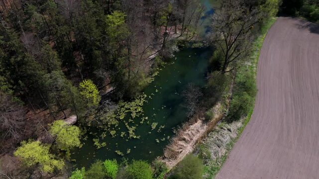Luftaufnahme Spiegelweiher and surrounding ponds in Bavaria, Germany, Grafing bei Munchen. Scenic spring landscape with shimmering lakes, tranquil paths and flourishing nature in southern Deutschland