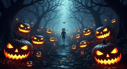 Spooky Halloween Path - A mysterious figure walks down a path lined with glowing jack-o'-lanterns in a dark forest. Perfect for Halloween themed projects