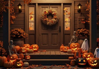 Spooky Halloween Porch Decor - A charming autumnal scene with carved pumpkins, skeletons, and ghosts adorning a rustic wooden porch. Perfect for Halloween