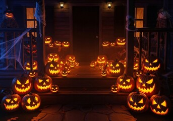 Spooky Halloween Porch Pumpkins - Glowing jack-o'-lanterns line a dark porch on Halloween night, creating a spooky and festive atmosphere