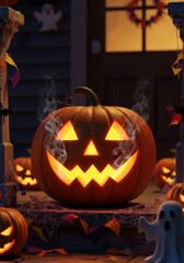 Spooky Halloween Pumpkin Night - A glowing jack-o'-lantern sits on a porch, surrounded by other pumpkins and Halloween decorations. Smoke adds to the spooky atmosphere