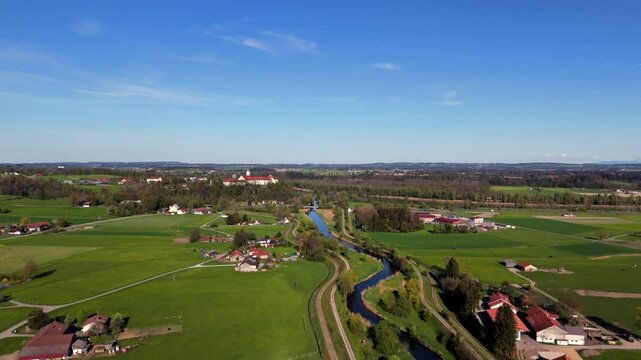 Aerial view Luftaufnahme of Attel Monastery and St. Michael Church on Attel Hill by Inn River, near Wasserburg am Inn, Bavaria. Historic Benedictine site, scenic spring landscape, rural Germany charm