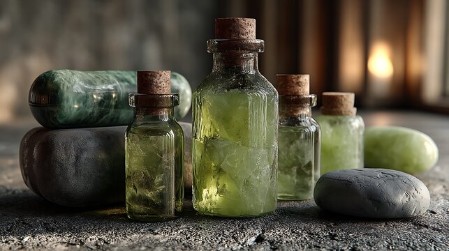 Green potion bottles elixir aromatherapy wellness spa herbal medicine liquid