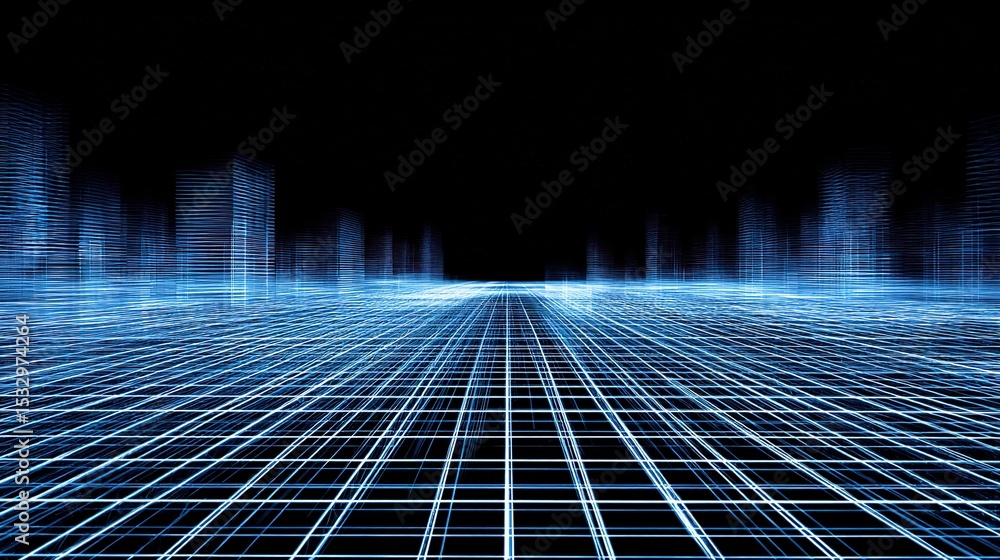 Poster abstract blue techno grid with dimensional lines in dark space