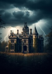 Stormy Night at the Manor House - An old manor house stands ominous under a stormy sky, lightning illuminating its decaying grandeur. A path leads to the mysterious entrance