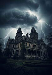 Stormy Night Mansion - An old mansion stands silhouetted against a dramatic stormy sky filled with lightning
