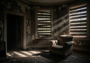 Sunbeams in Abandoned Room - Sunbeams illuminate dust motes in a decaying room, highlighting a worn armchair. The peeling walls and broken blinds evoke a sense of forgotten time
