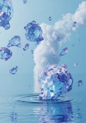 Water Droplets Falling into Calm Water - Abstract of blue water droplets falling and creating ripples on a calm water surface against a light blue sky with clouds